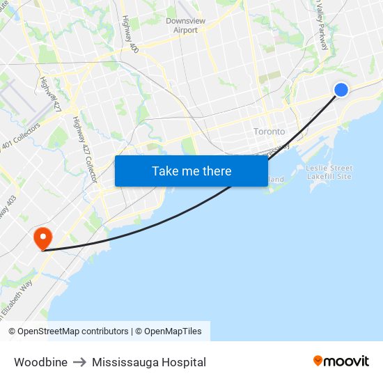 Woodbine to Mississauga Hospital map