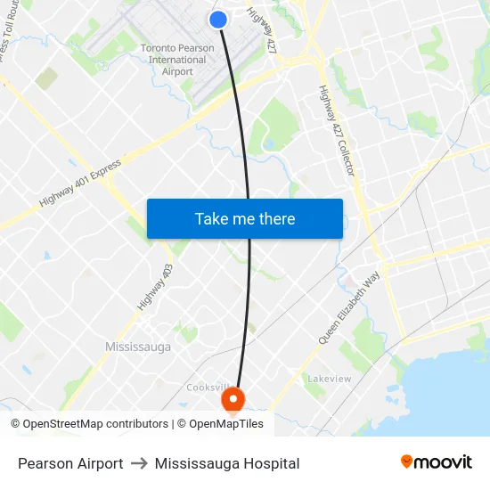 Pearson Airport to Mississauga Hospital map