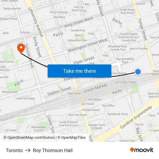 Toronto to Roy Thomson Hall map