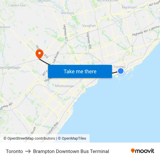 Toronto to Brampton Downtown Bus Terminal map