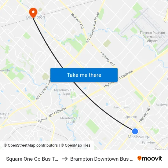 Square One Go Bus Terminal to Brampton Downtown Bus Terminal map