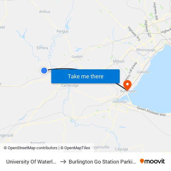 University Of Waterloo to Burlington Go Station Parking map