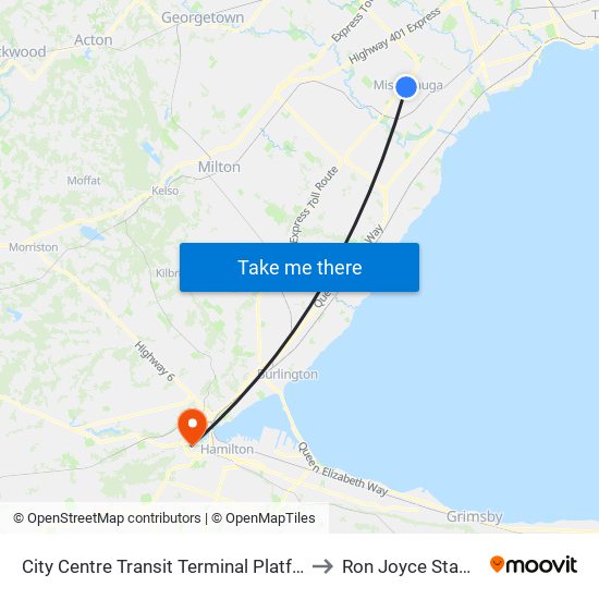 City Centre Transit Terminal Platform K to Ron Joyce Stadium map