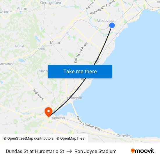 Dundas St at Hurontario St to Ron Joyce Stadium map