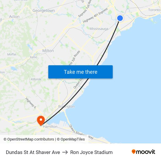 Dundas St At Shaver Ave to Ron Joyce Stadium map