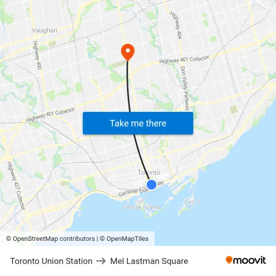 Toronto Union Station to Mel Lastman Square map