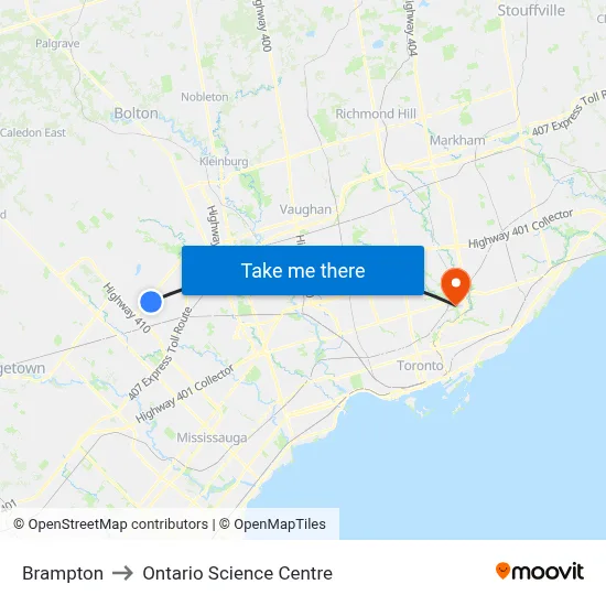 Brampton to Ontario Science Centre map