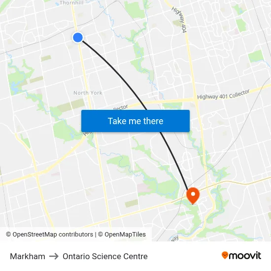 Markham to Ontario Science Centre map