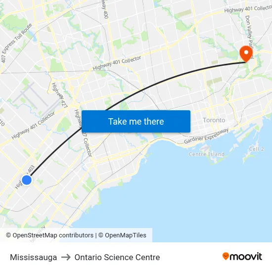 Mississauga to Ontario Science Centre map