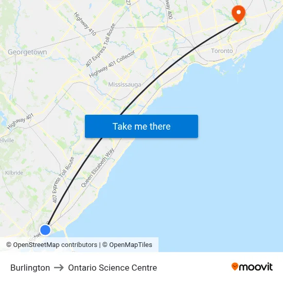 Burlington to Ontario Science Centre map