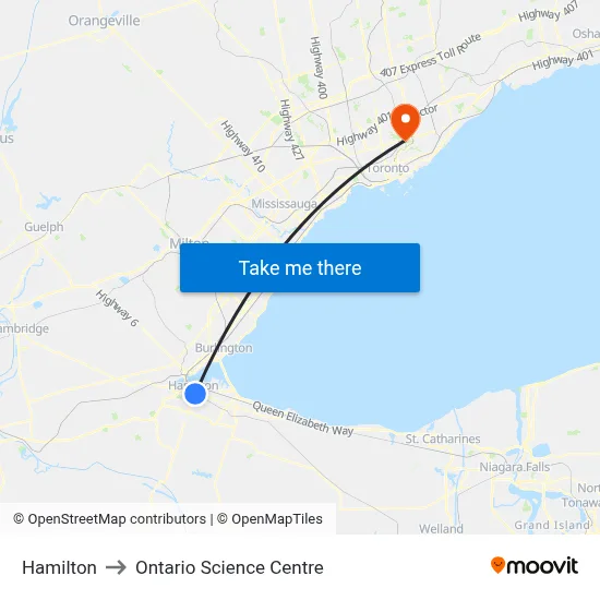 Hamilton to Ontario Science Centre map