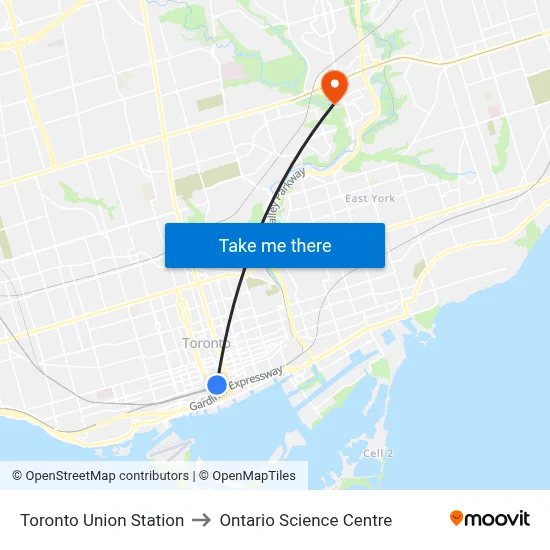 Toronto Union Station to Ontario Science Centre map