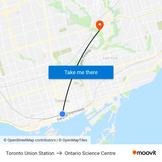 Toronto Union Station to Ontario Science Centre map