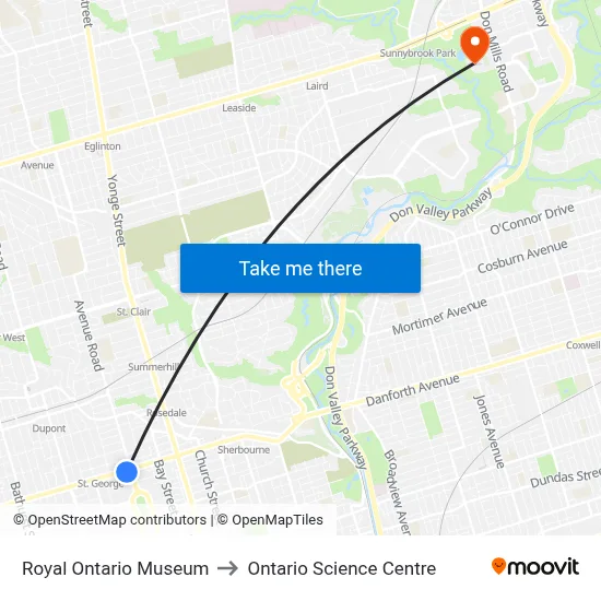 Royal Ontario Museum to Ontario Science Centre map