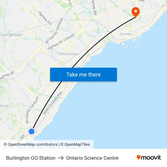 Burlington GO Station to Ontario Science Centre map