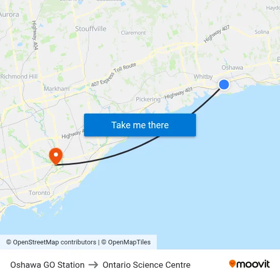 Oshawa GO Station to Ontario Science Centre map