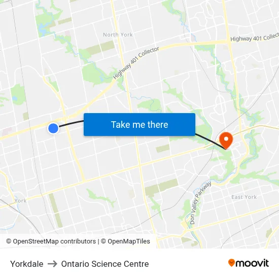 Yorkdale to Ontario Science Centre map
