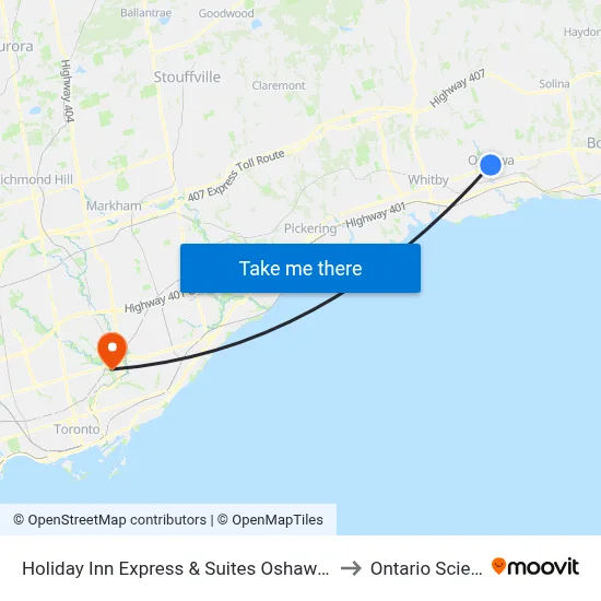 Holiday Inn Express & Suites Oshawa Downtown - Toronto Area to Ontario Science Centre map