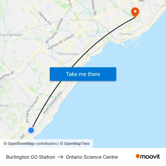 Burlington GO Station to Ontario Science Centre map