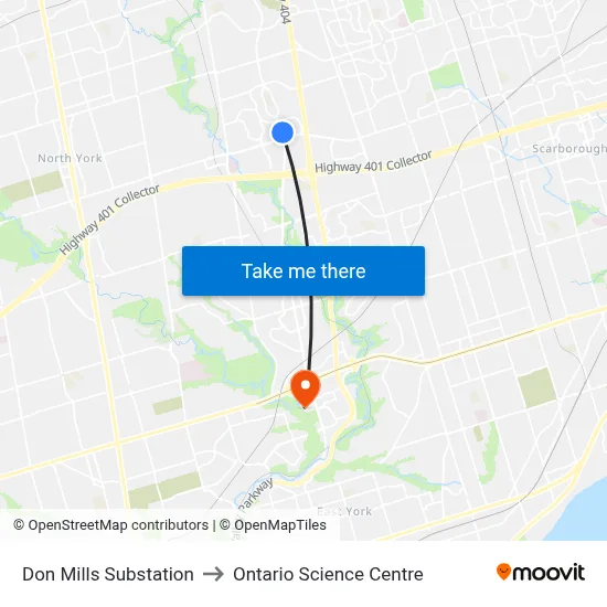 Don Mills Substation to Ontario Science Centre map