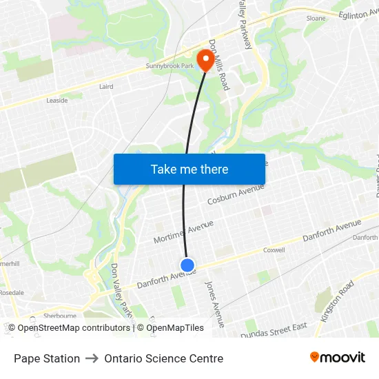 Pape Station to Ontario Science Centre map