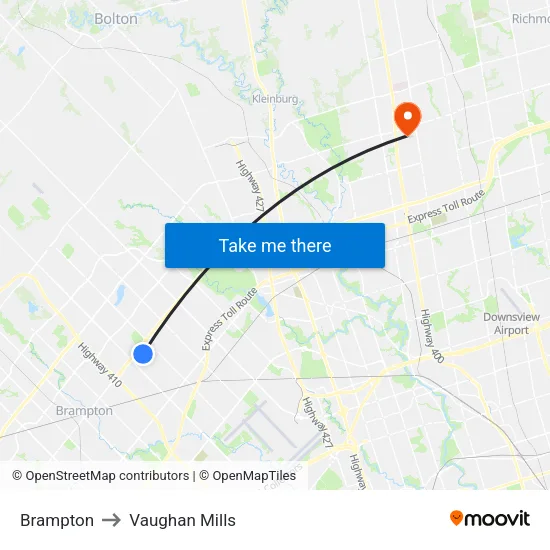 Brampton to Vaughan Mills map