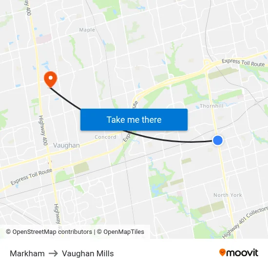 Markham to Vaughan Mills map