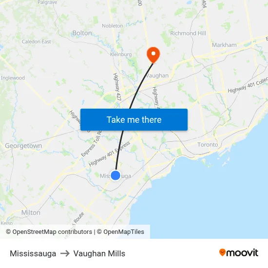 Mississauga to Vaughan Mills map