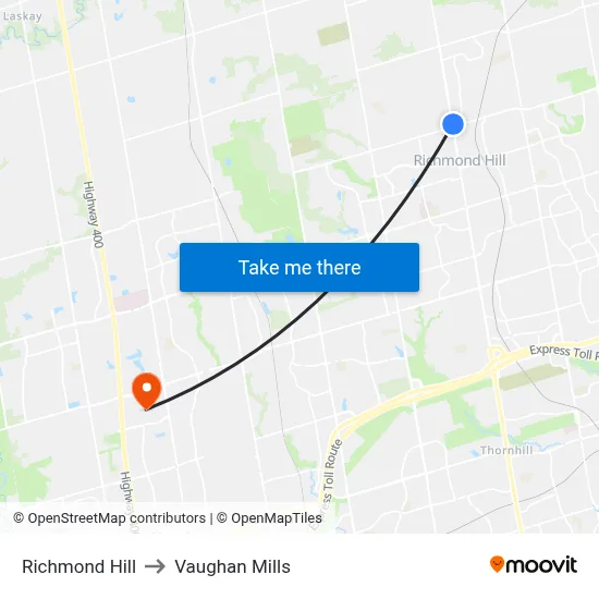 Richmond Hill to Vaughan Mills map