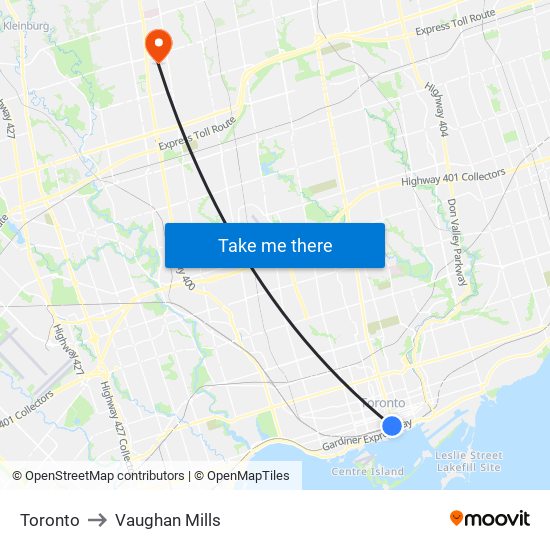 Toronto to Vaughan Mills map