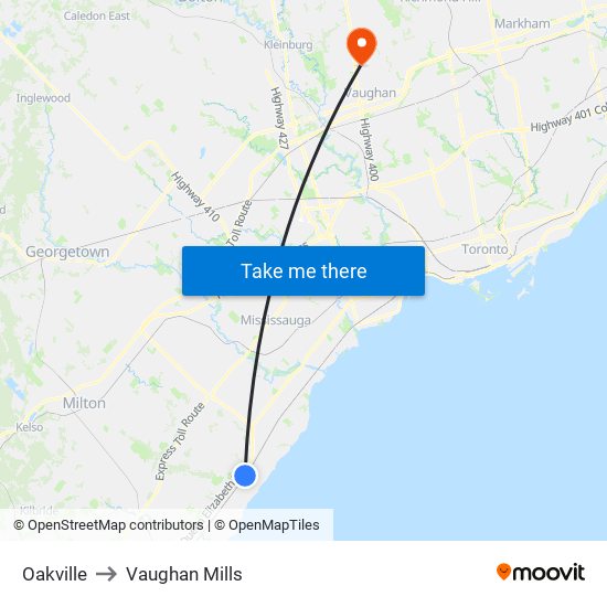 Oakville to Vaughan Mills map