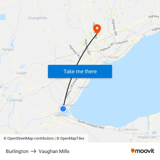 Burlington to Vaughan Mills map