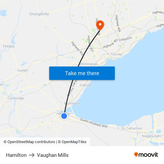 Hamilton to Vaughan Mills map
