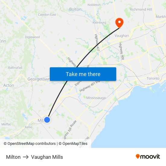 Milton to Vaughan Mills map