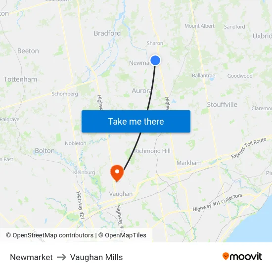 Newmarket to Vaughan Mills map