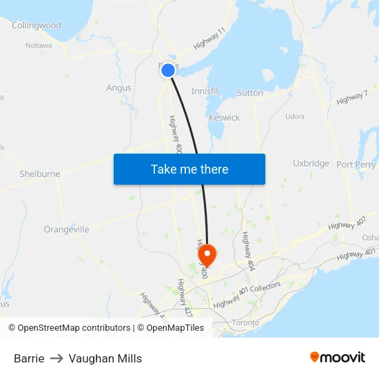 Barrie to Vaughan Mills map