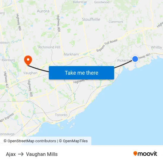 Ajax to Vaughan Mills map