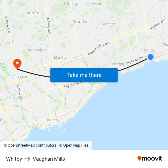 Whitby to Vaughan Mills map