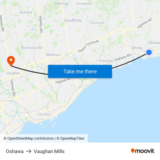 Oshawa to Vaughan Mills map