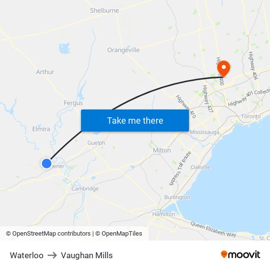Waterloo to Vaughan Mills map