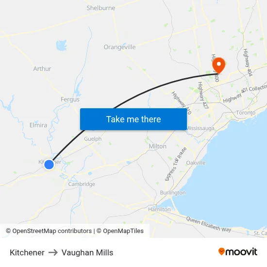 Kitchener to Vaughan Mills map