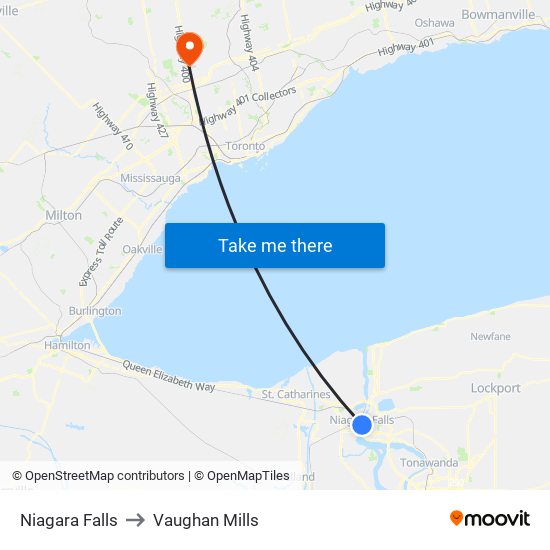 Niagara Falls to Vaughan Mills map