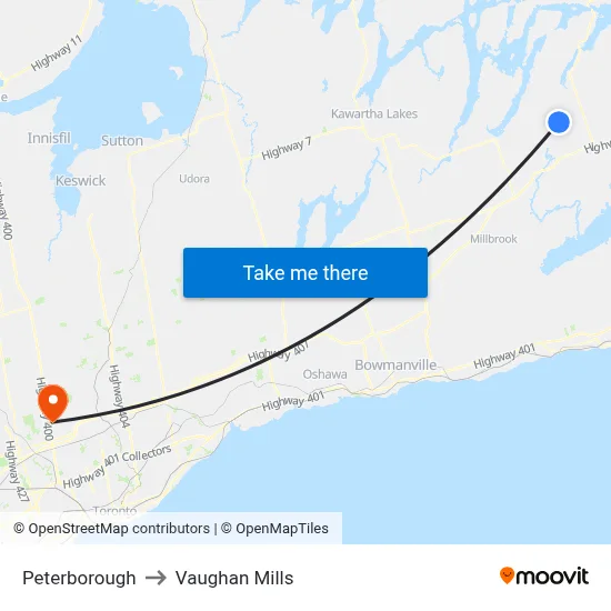 Peterborough to Vaughan Mills map