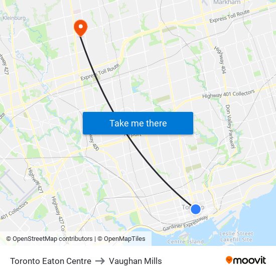 Toronto Eaton Centre to Vaughan Mills map