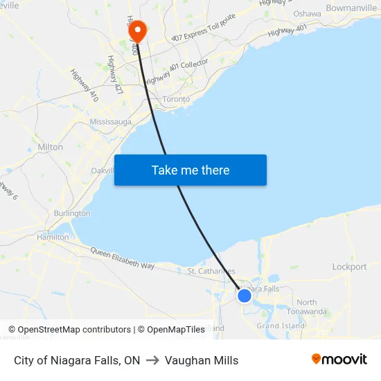 City of Niagara Falls, ON to Vaughan Mills map