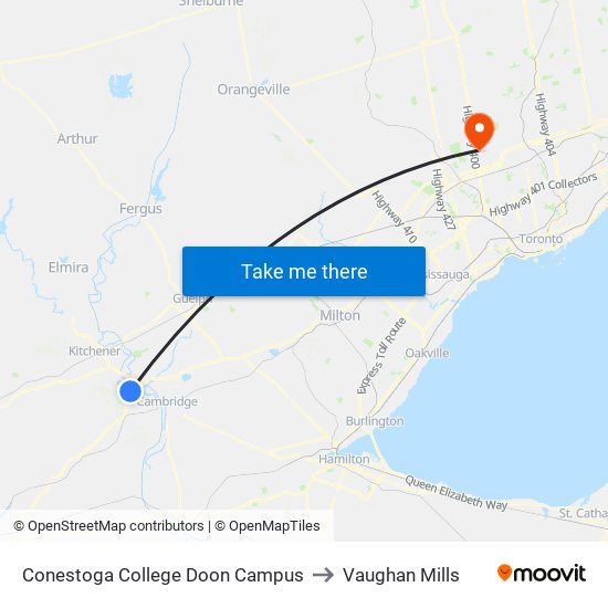 Conestoga College Doon Campus to Vaughan Mills map