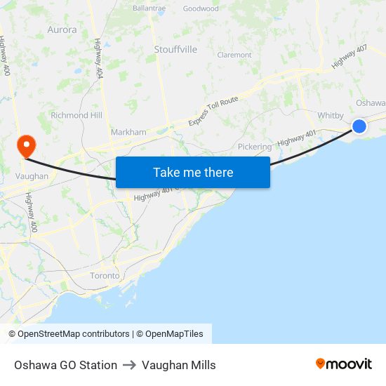 Oshawa GO Station to Vaughan Mills map