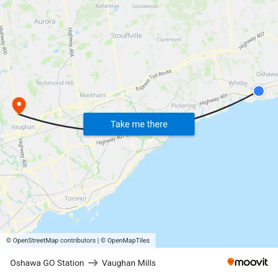 Oshawa GO Station to Vaughan Mills map