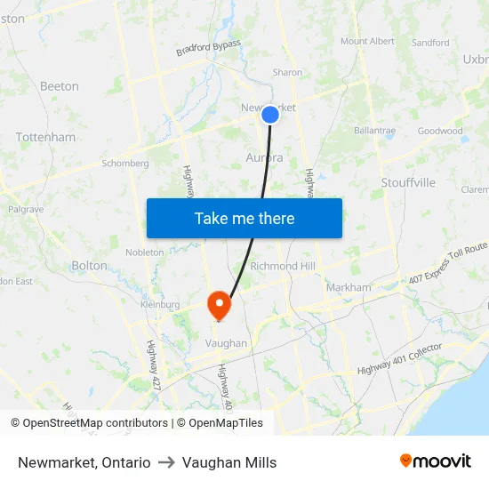 Newmarket, Ontario to Vaughan Mills map