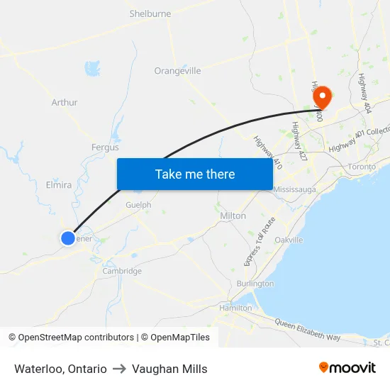 Waterloo, Ontario to Vaughan Mills map